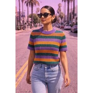 Ganni Womens Multicolor Striped Metallic Knit Short Sleeve Sweater Top Purple S